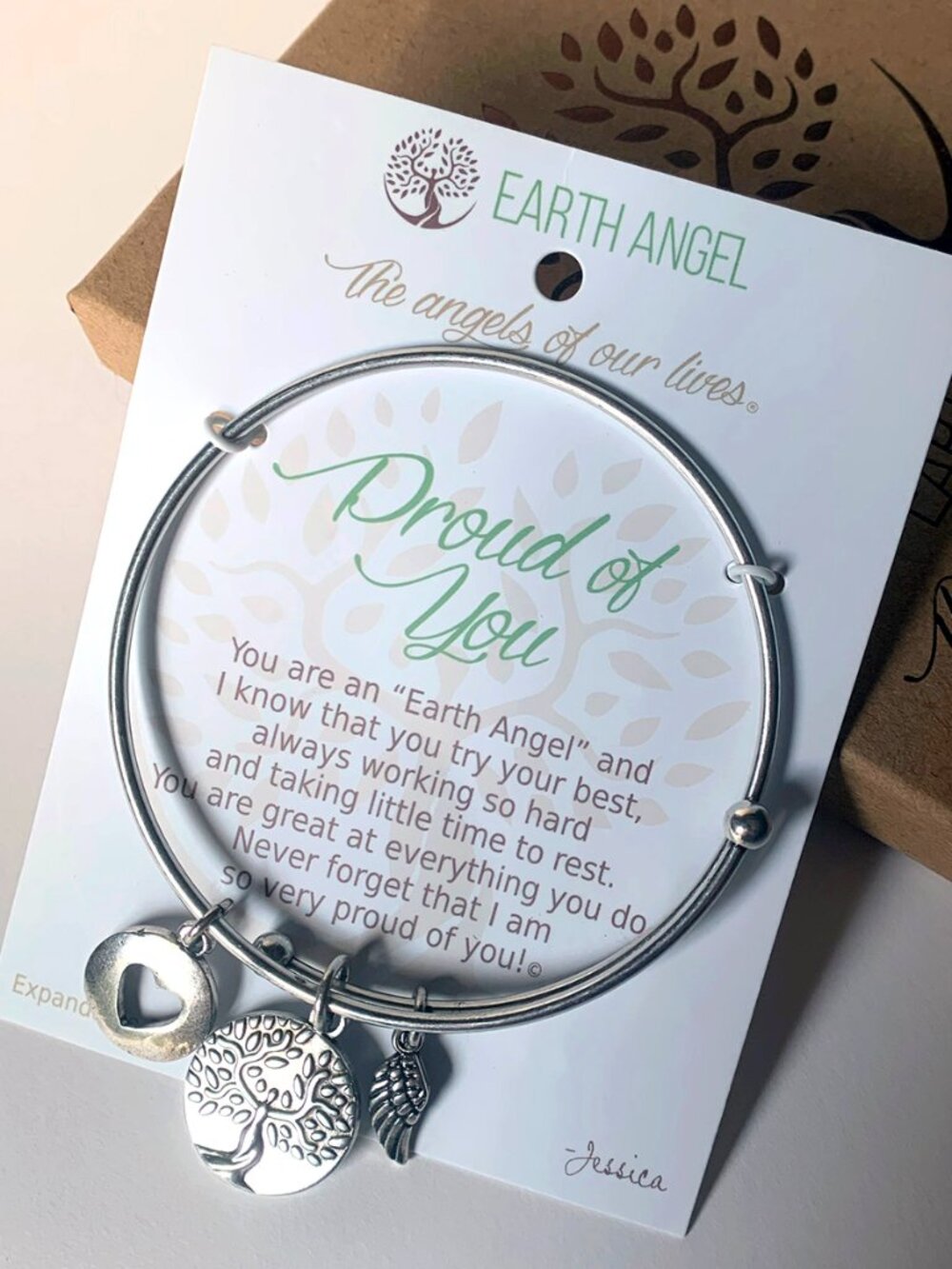 Earth Angel Proud of You Charm Expandable Bangle Bracelet Silvertone with Box